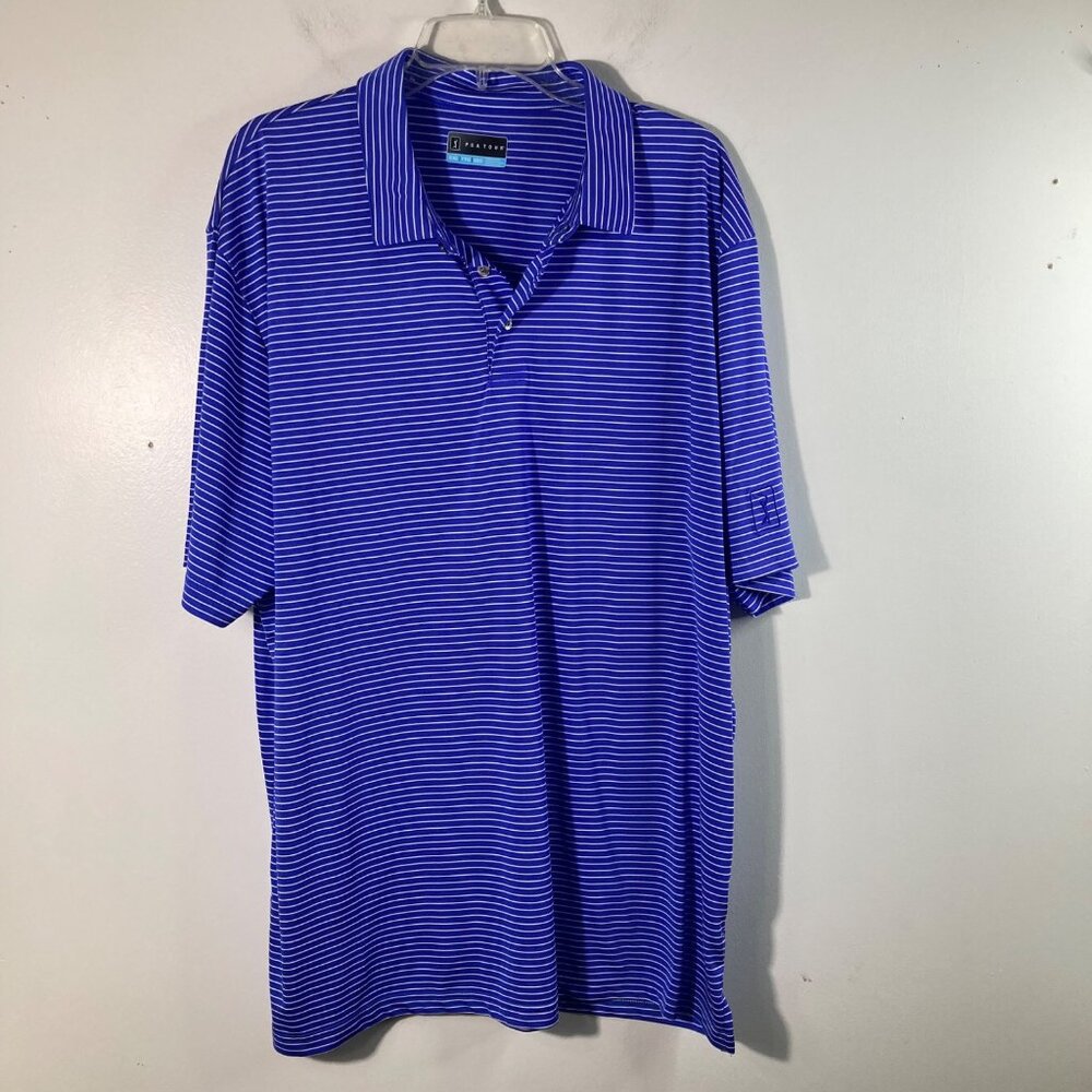 Mens‎ PGA Tour Golf Polo Shirt Short Sleeve Striped 2XL Blue White Polyester